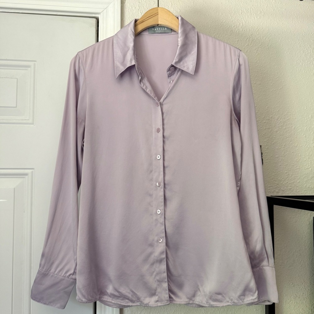 RAVELLA lilac lavender purple pure silk long sleeve button up shirt blouse top
